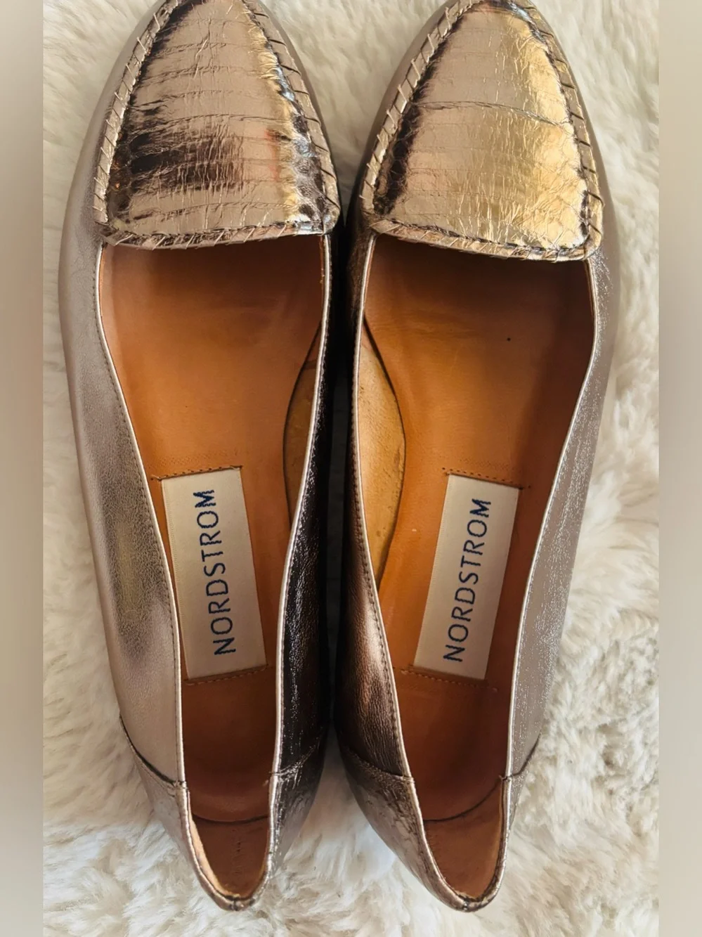 Nordstrom Metallic Gold Croc Embossed Flat Loafers Size: 7.5